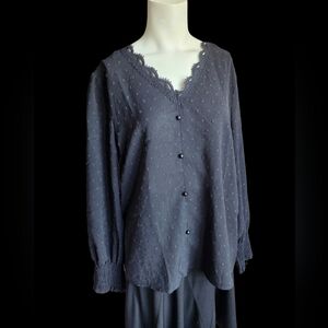 Black Swiss Dot Lace Trim Blouse Long Sleeve Button Front